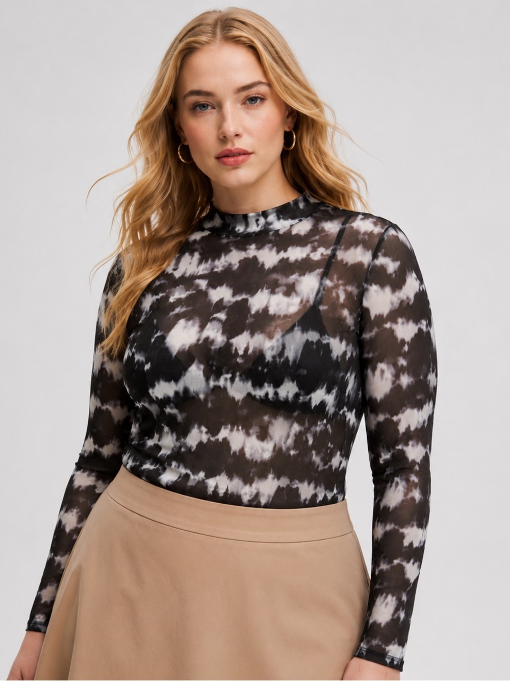 Haute Monde Women’s 2X Black White Sheer Mesh Mock Neck Long Sleeve‎ Bodysuit
